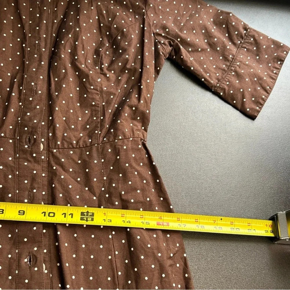 Women 8P Brown Polka Dot Floral Dress Pleated‎ Tie Sash Classic Dainty Pin Up - Picture 12 of 16